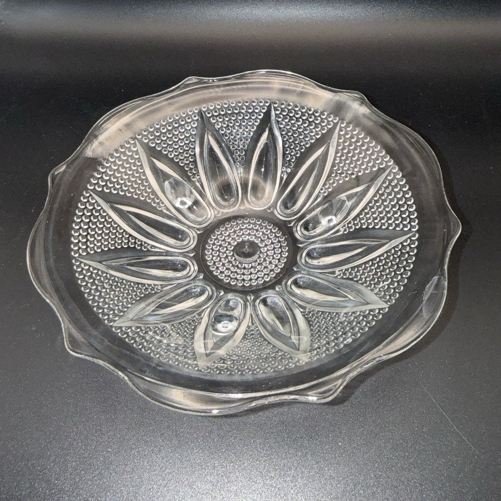 Vintage Hazel Atlas "Sunflower" Pattern Hobnail Dish Scalloped Rim Mid Century